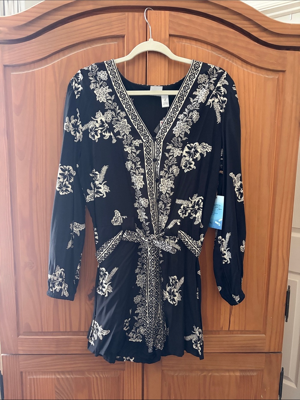 Japna Black and White Floral V-Neck Tie-Waist Romper